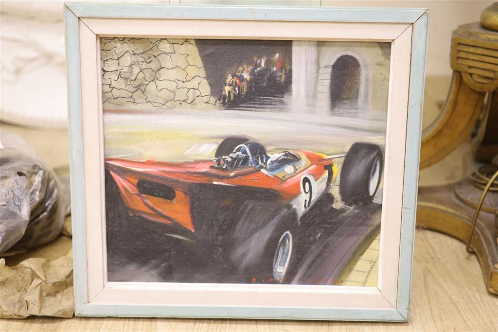 Dion Pears (1829-1985), oil on canvas laid on board, Motor racing scene, signed, 34 x 38cm